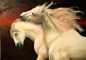 بمناسبة ذكر الحصان أحب أن أعرض إحدى رسوماتي من العام 2010. وبدل الحصان لدينا هنا حصانان.