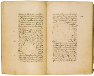 مخطوطة في علم الفلك بالخط الفارسي (وباللغة الفارسية أيضاً). لاحظ قلة المنحنيات والتعليق نسبة الى العناوين واللوحات المكتوبة بالخط الفارسي ولعل ذلك من لزوم الحاجة الى الكتابة بكفاءة أكثر.